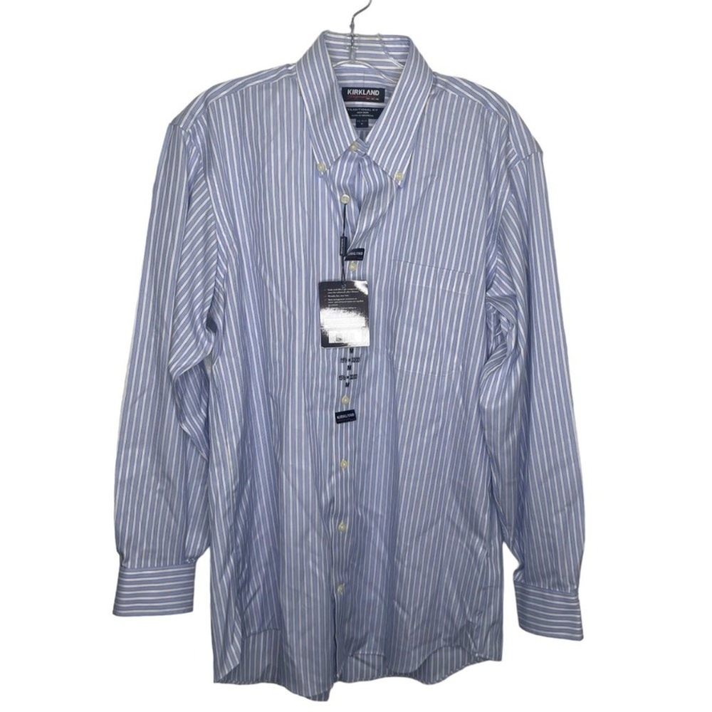 Kirkland Signature Mens Non-Iron Striped Dress Shirt Blue White 15.5 32/33 M